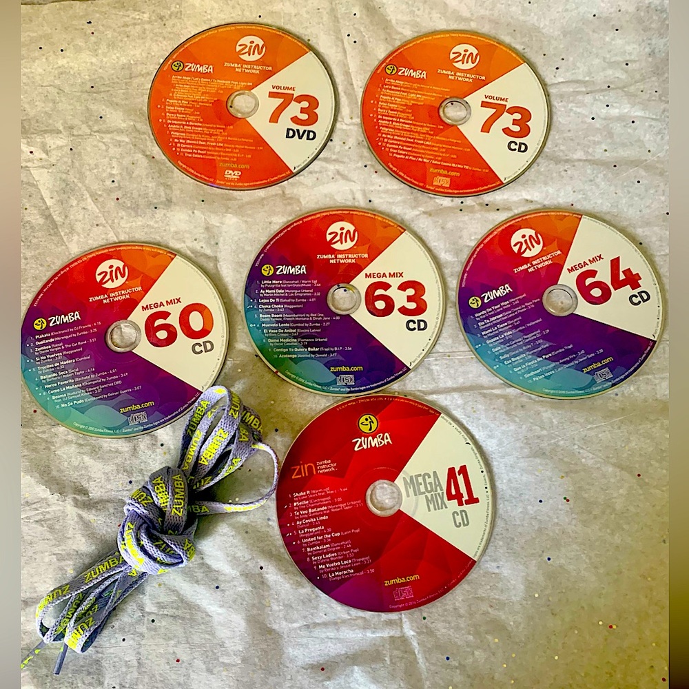 Zumba Fitness DVD/CD set Volume 73 Mega mix music CD’s volumes 41, 60, 63, & 64